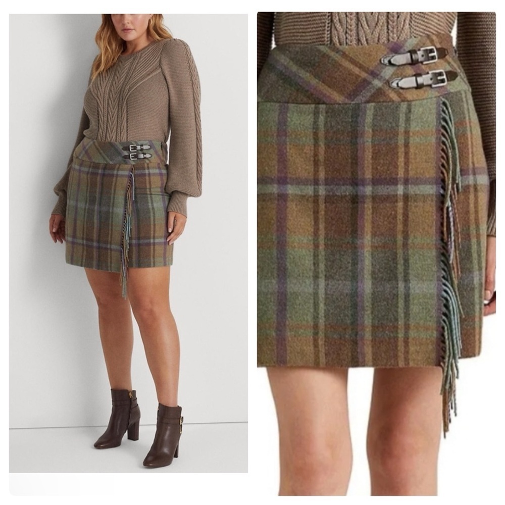 Lauren Ralph Lauren Women’s Plaid Fringe Trim Tweed Mini Skirt